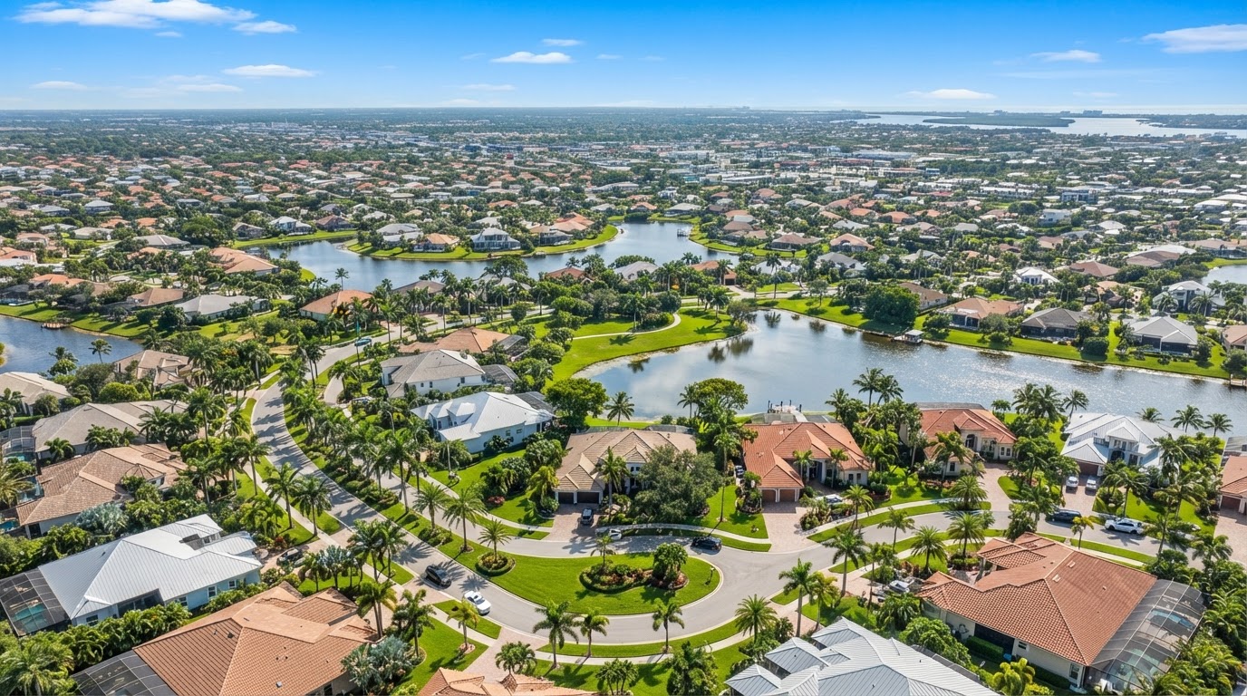 Aerial view of a Fort Myers, Florida residential neighborhood with green lawns and palm trees