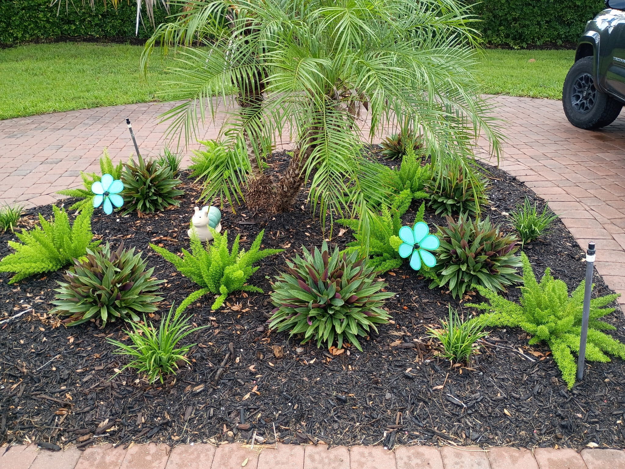 Freshly planted tropical flower and ornamental bed with dark mulch and paver border by Bless Gardenz