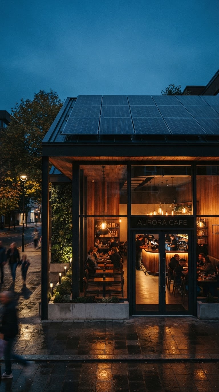Cafetería moderna elegante con paneles solares