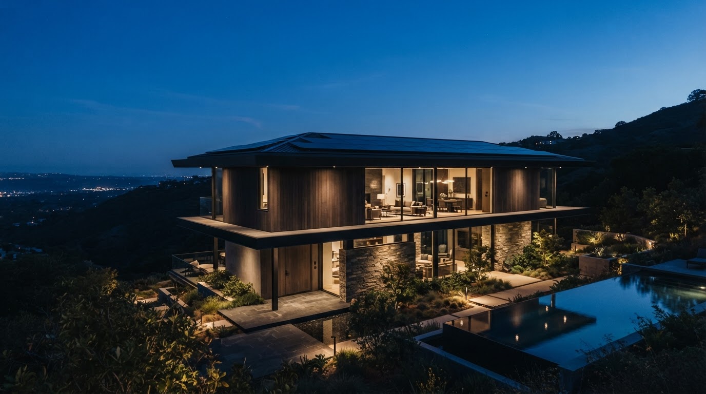 Casa moderna con paneles solares al anochecer
