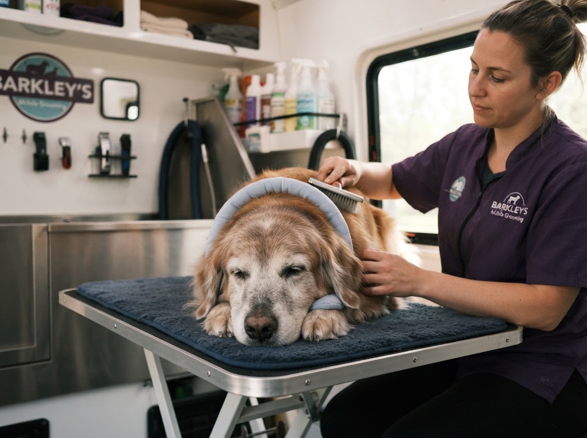A senior dog being gently handled during grooming