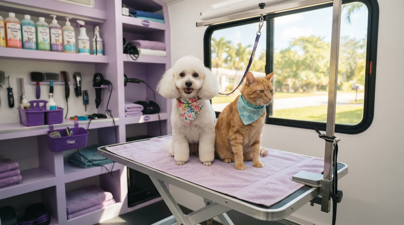 A happy freshly groomed poodle and cat with bandanas inside a bright Fluffy Crew mobile grooming van