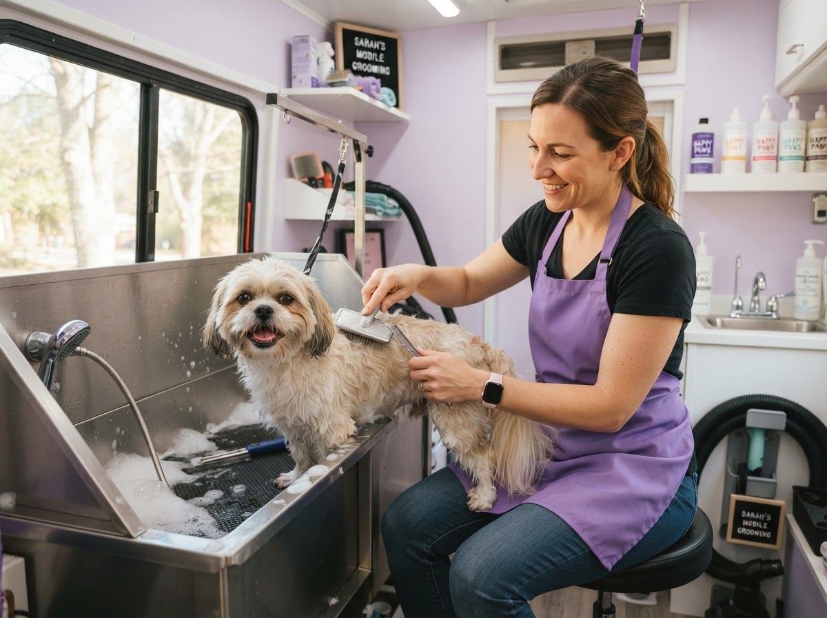 A Fluffy Crew groomer gently grooming a small dog inside a bright mobile van