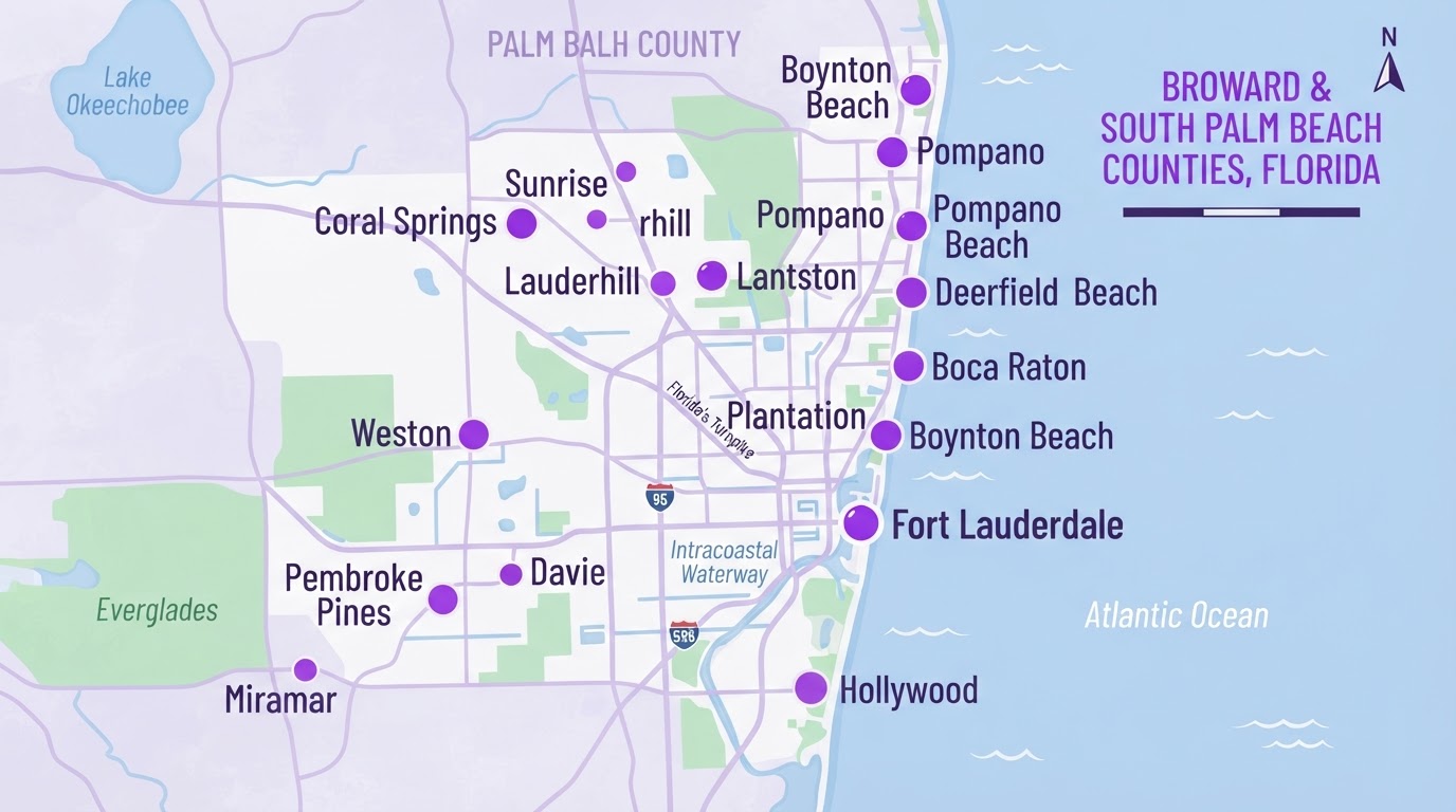 Illustrated map of Fluffy Crew's mobile grooming coverage across Broward and South Palm Beach County