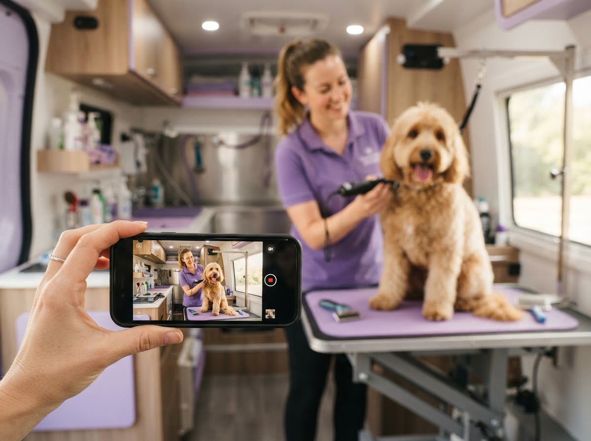 A pet groomer gently grooming a dog inside a mobile van while a pet owner watches the live session on a smartphone held sideways