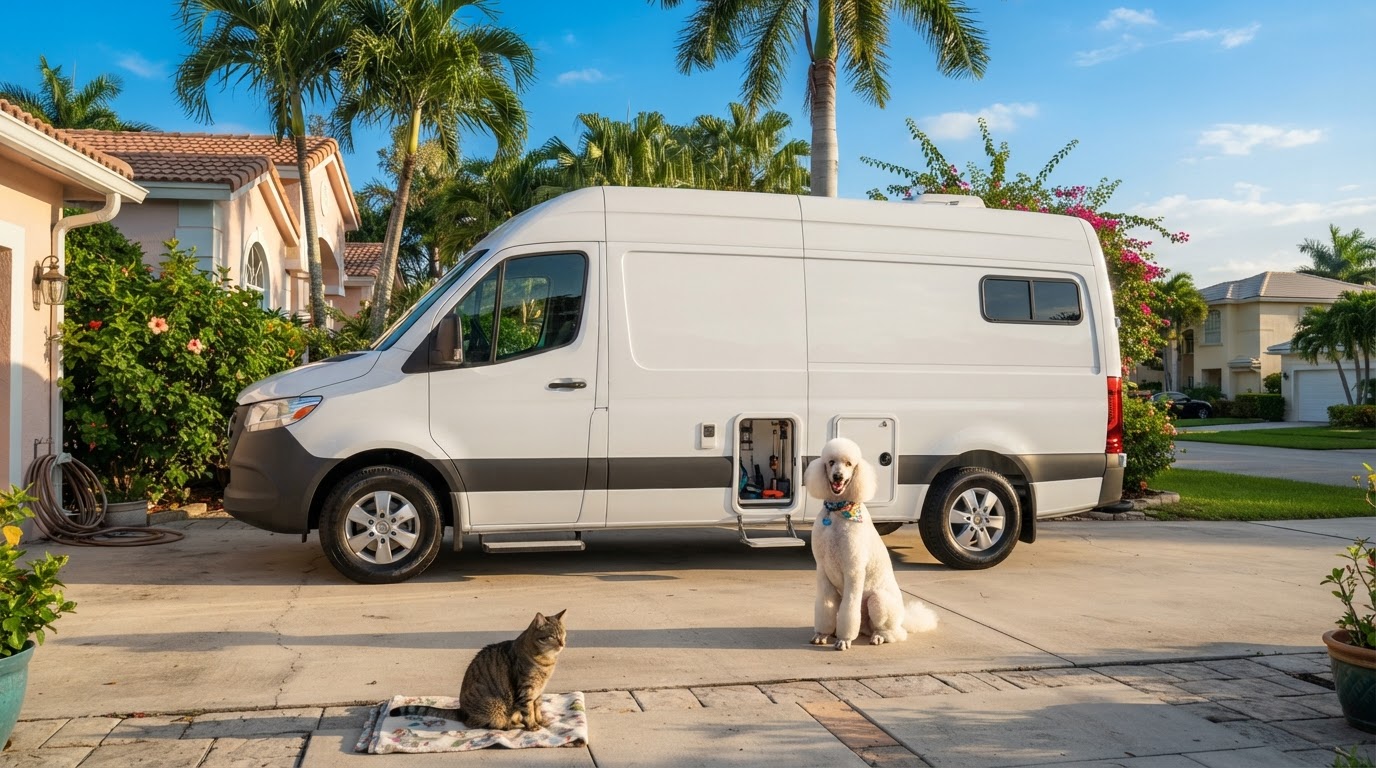 Fluffy Crew mobile pet grooming van parked at a sunny South Florida home with a happy dog and cat
