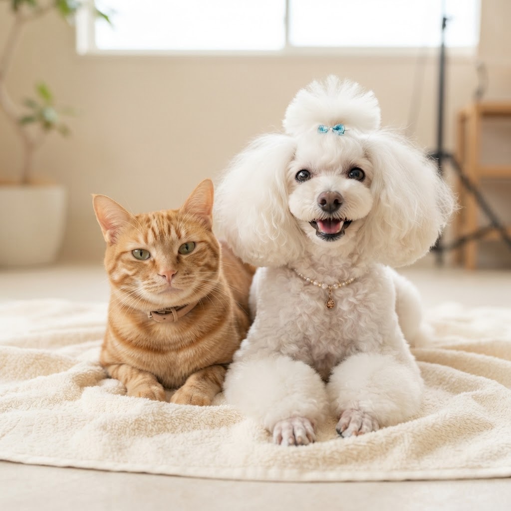 A freshly groomed poodle and cat, relaxed and pampered after a Fluffy Crew grooming session