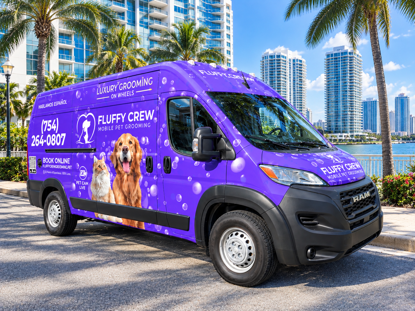 Fluffy Crew mobile grooming van parked along a sunny South Florida waterfront ready to serve local communities
