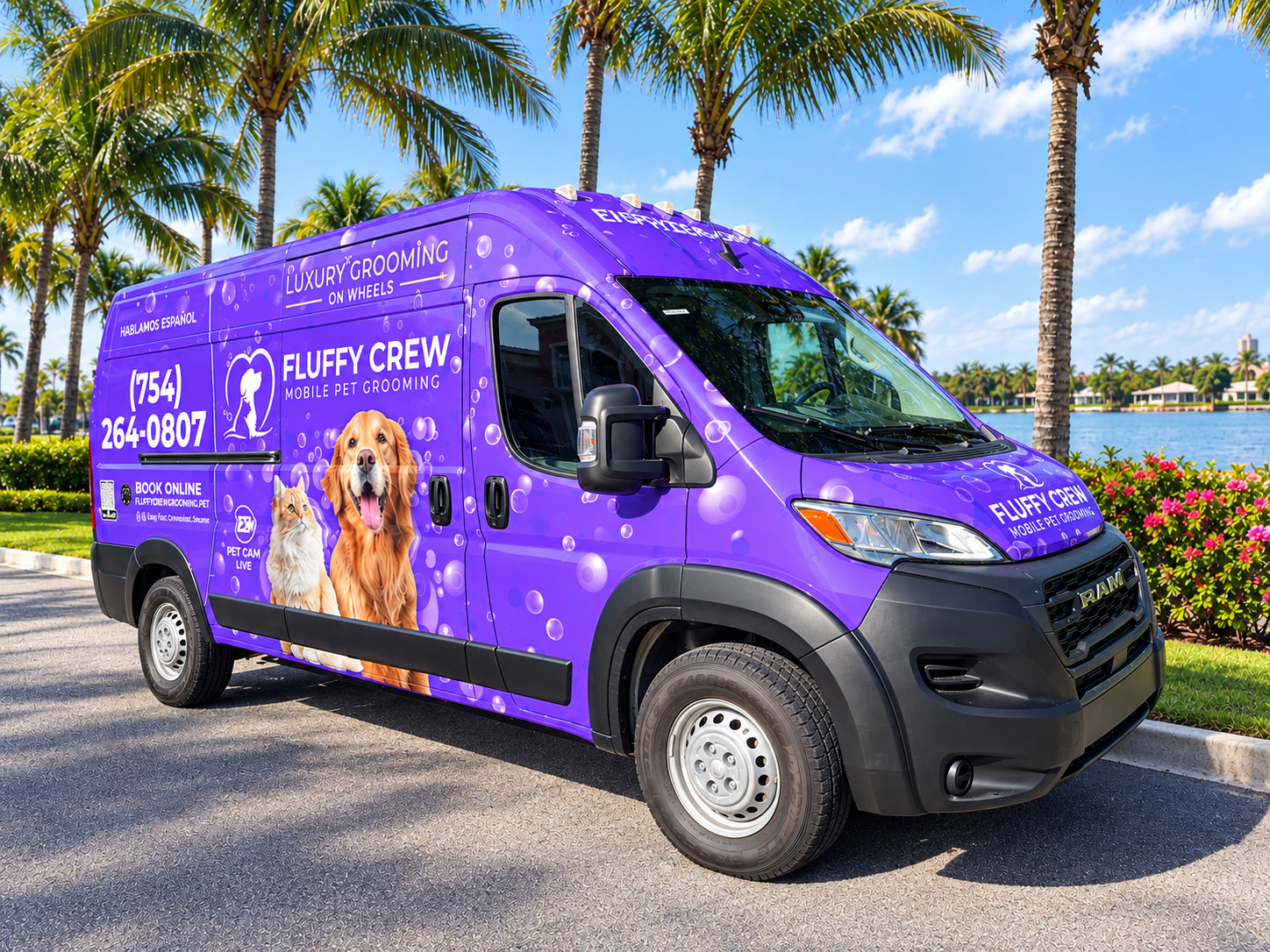 Fluffy Crew mobile pet grooming luxury van parked by a palm-lined lake in South Florida