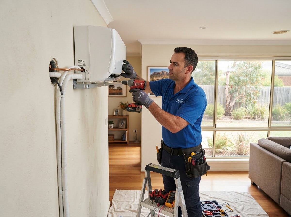 Technician installing a new indoor split-system air conditioner