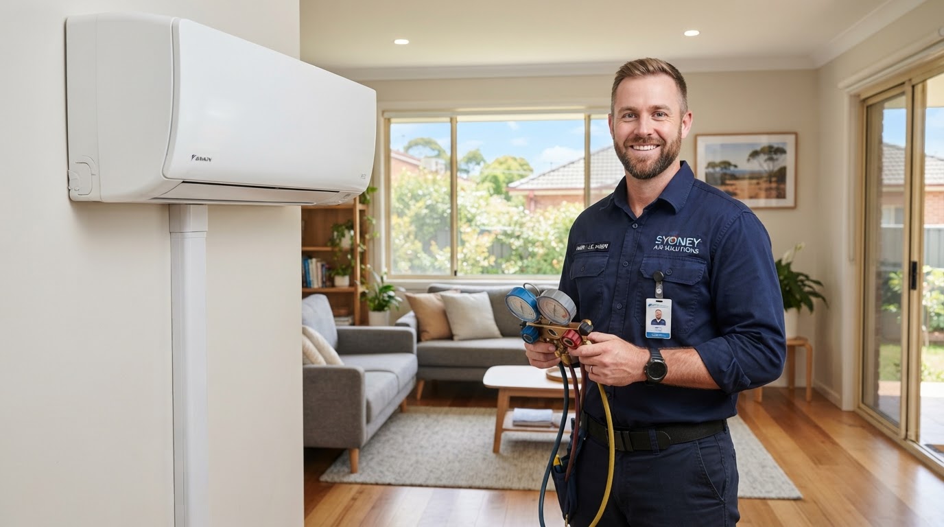 Air conditioning technician servicing a split-system unit in a Sydney home