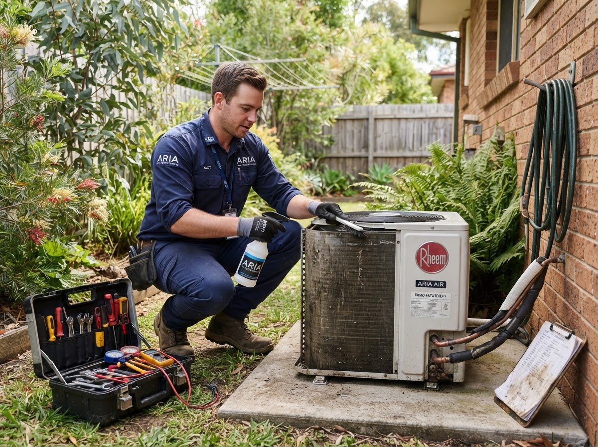 Technician servicing an outdoor air conditioning condenser unit