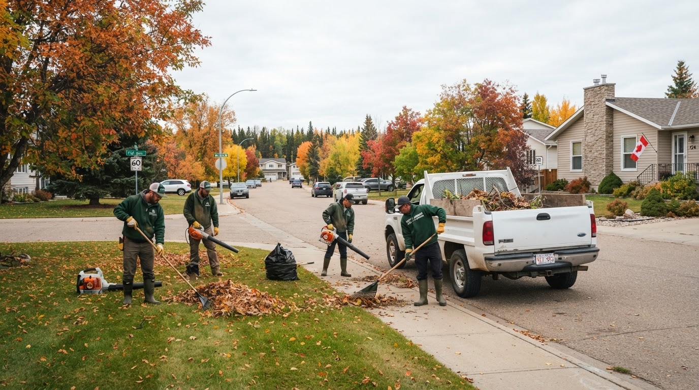Property maintenance crew doing yard cleanup in Fort McMurray