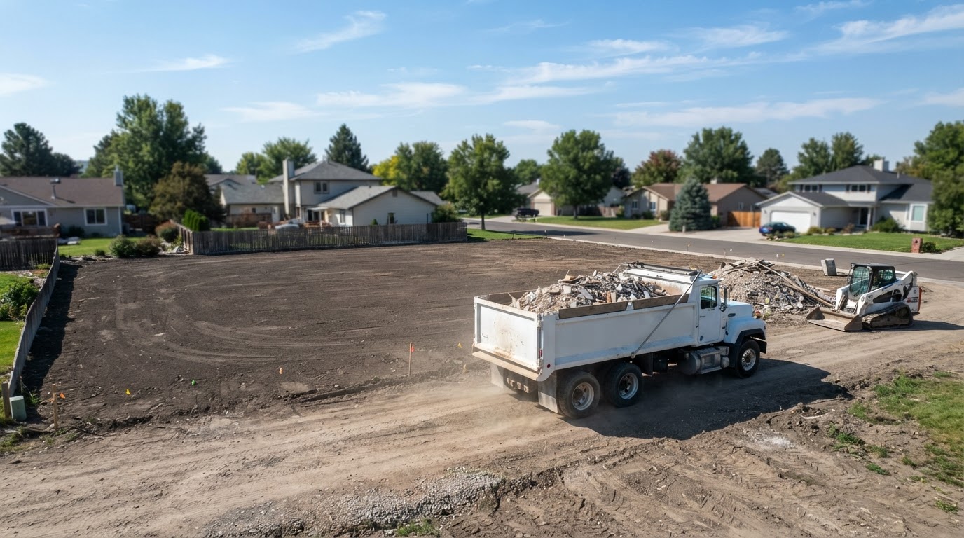 Cleared lot with debris removal and site cleanup after demolition