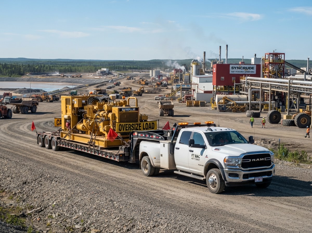 Hot shot truck delivering oversize equipment to a jobsite