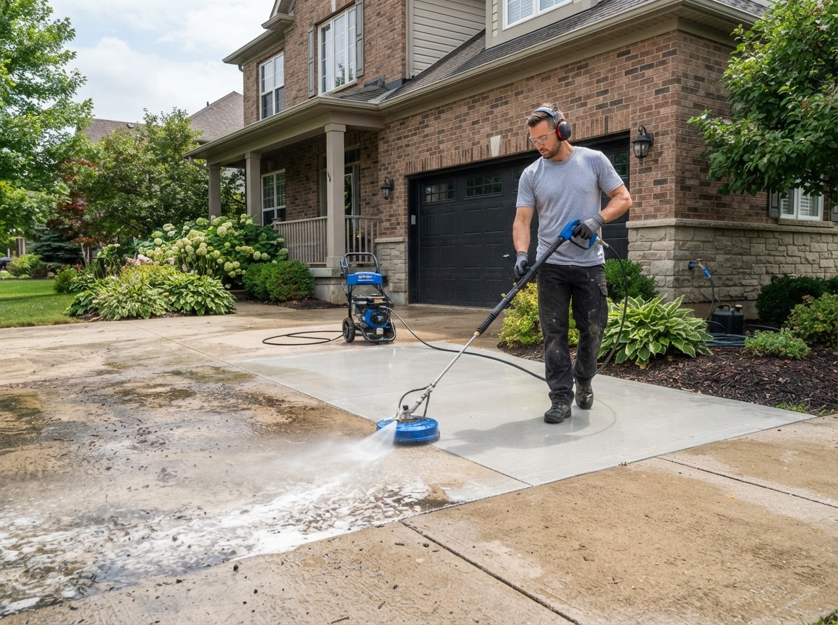 Power washing a driveway and walkway