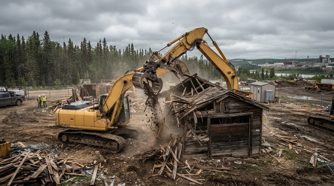 Excavator performing a controlled demolition in Fort McMurray