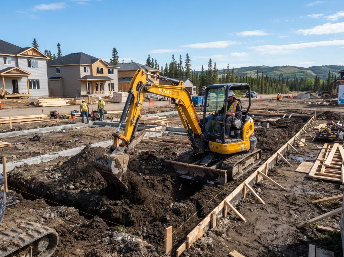 Excavator preparing a construction site in Fort McMurray