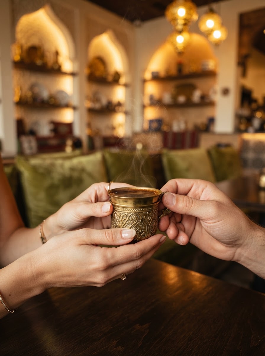 Hands holding an ornate brass Yemeni coffee cup, steam rising