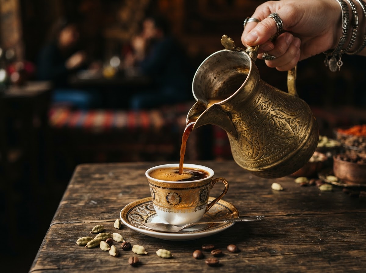Yemeni coffee poured from a brass dallah pot