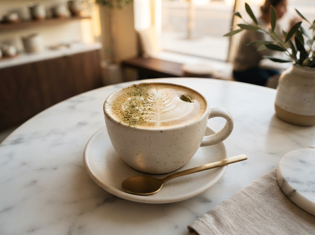 Spiced cardamom latte with latte art on marble