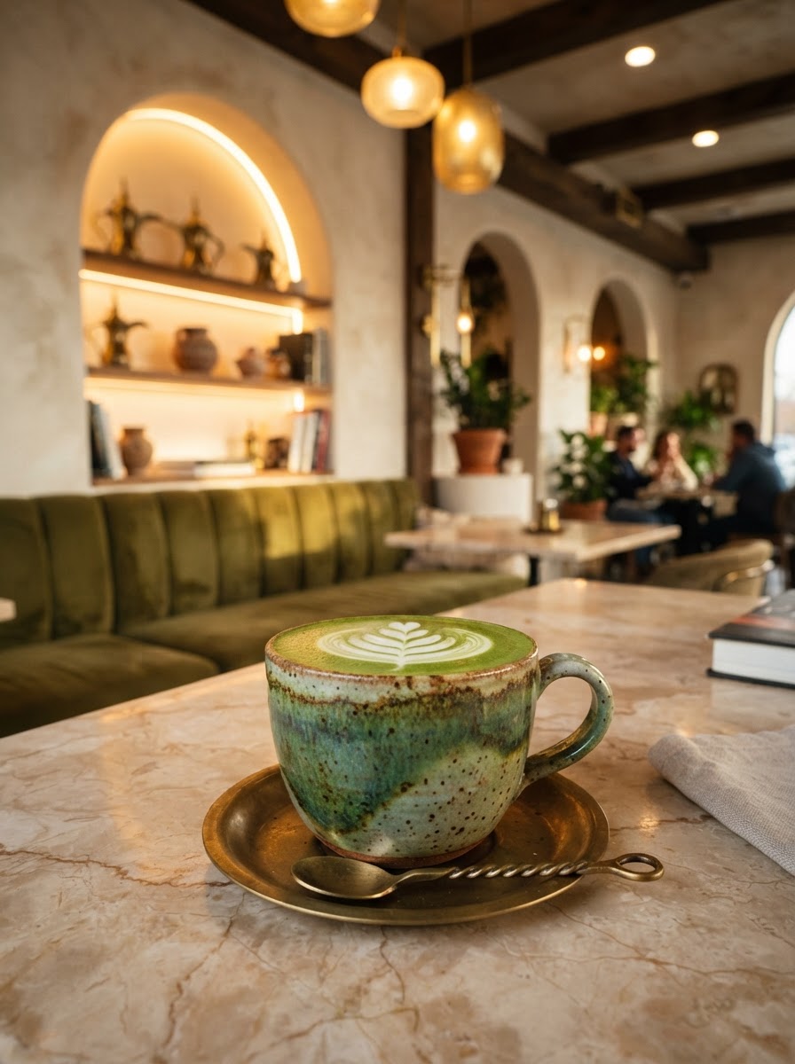 Vibrant matcha latte with art in a handmade ceramic cup