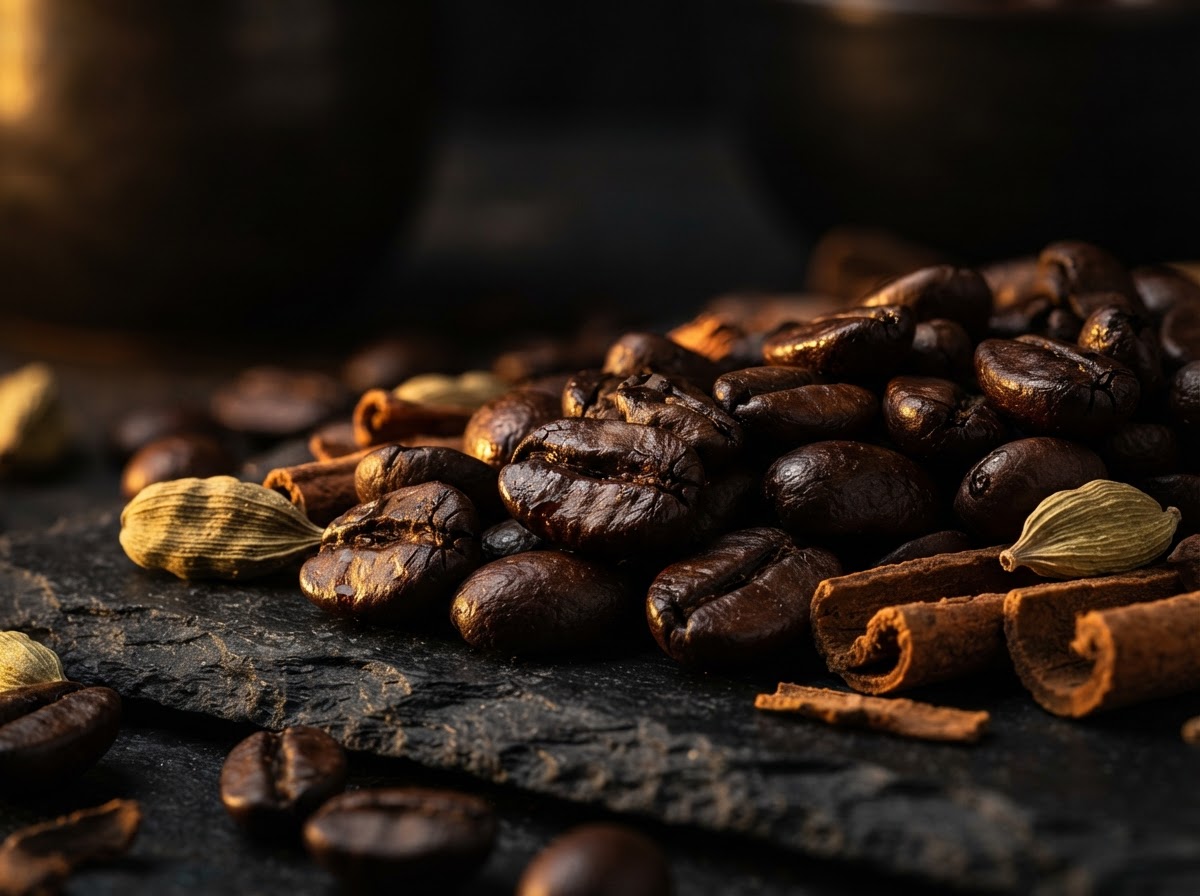 Roasted Yemeni heirloom coffee beans with cardamom