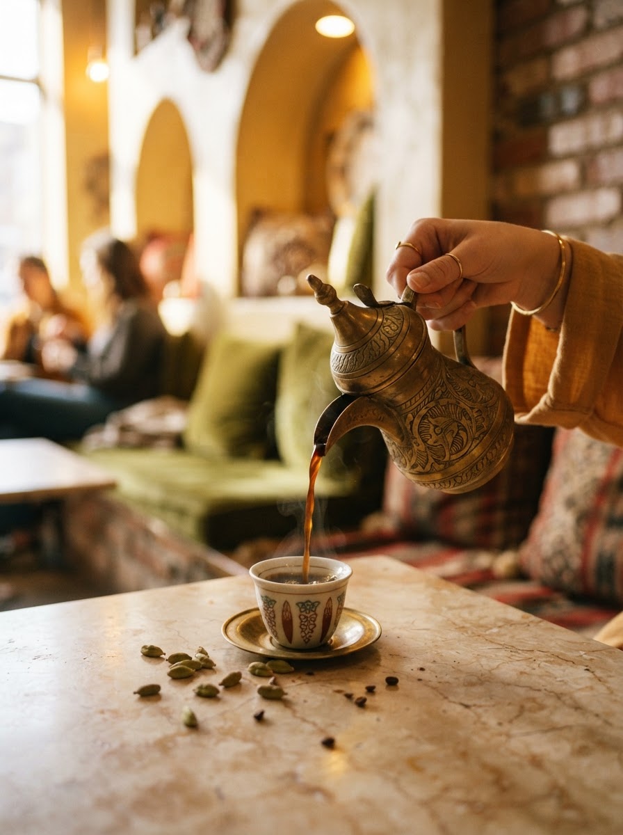 Hand pouring coffee from an engraved brass dallah pot