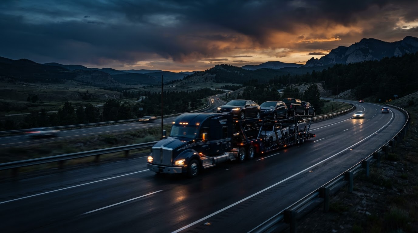 Freight truck on the open highway at dusk