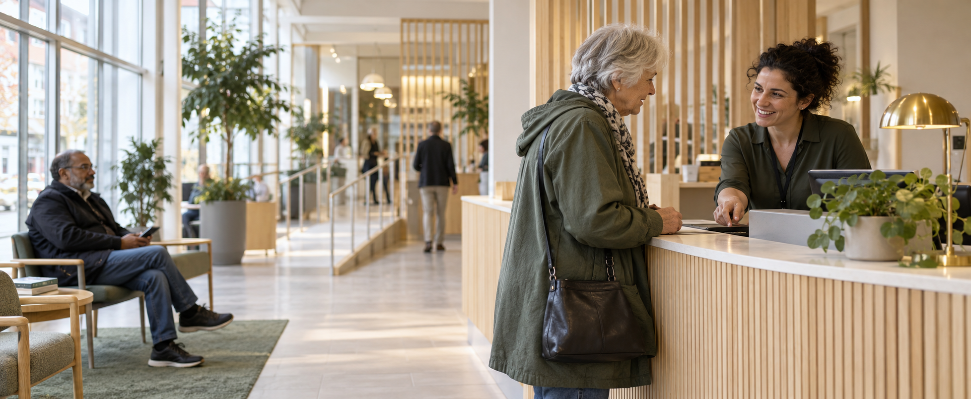 Medborgare får hjälp av en medarbetare i en modern offentlig servicemiljö