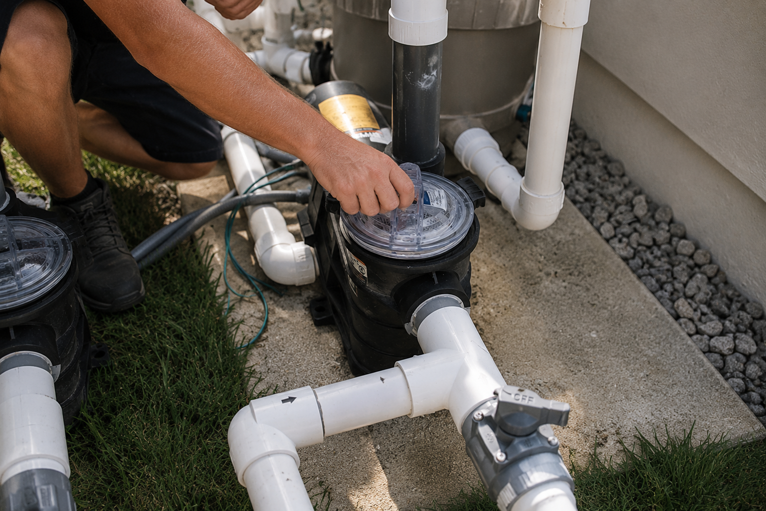 Pool pump repair technician servicing pool pump basket and valves on equipment pad in Cypress TX