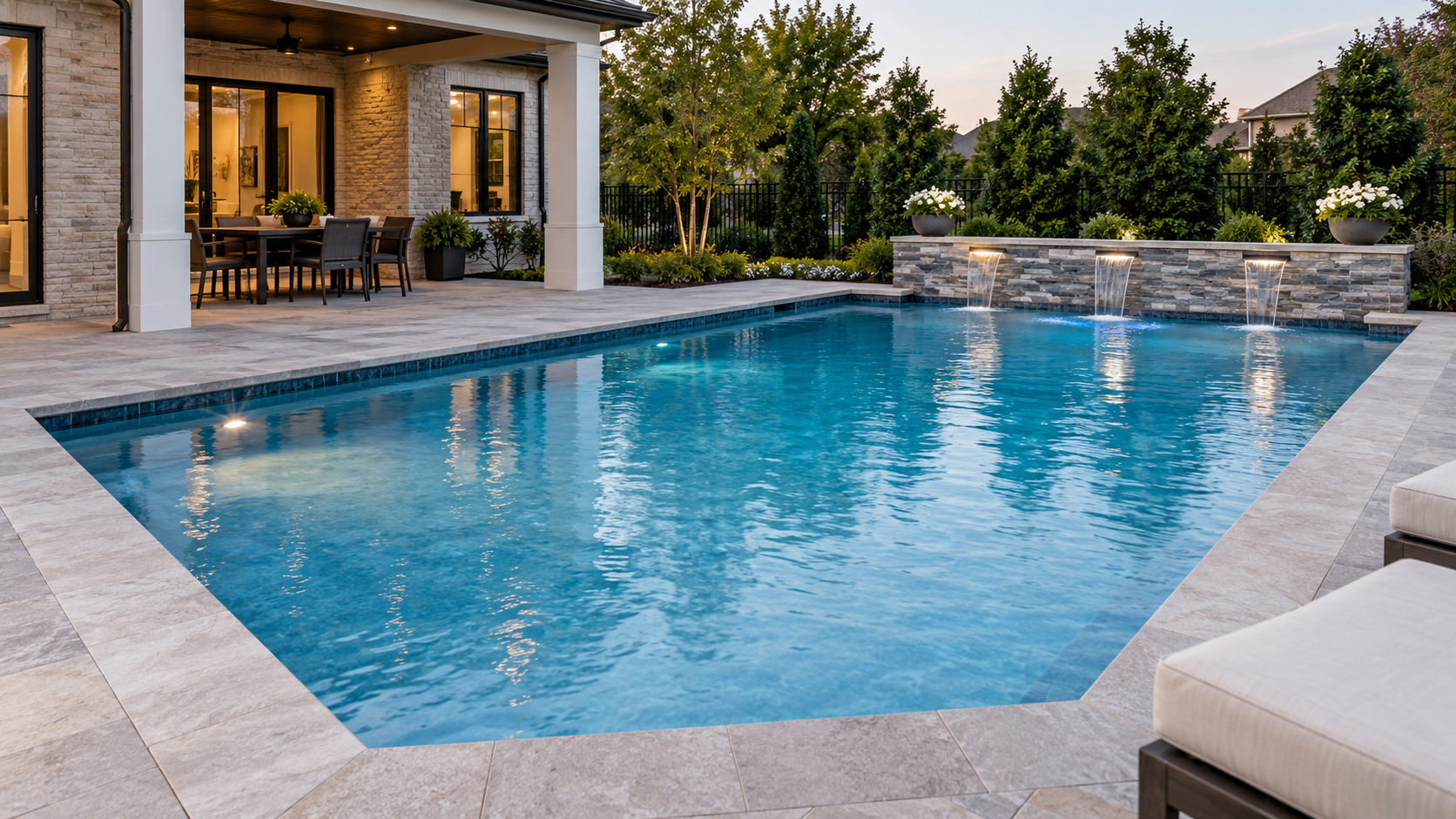 New pool construction in Cypress custom in-ground gunite pool with modern travertine deck and water features