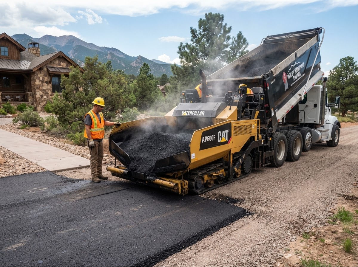 Hot asphalt being distributed inside a paving machine hopper before placement during an asphalt paving service in Highlands Ranch, CO