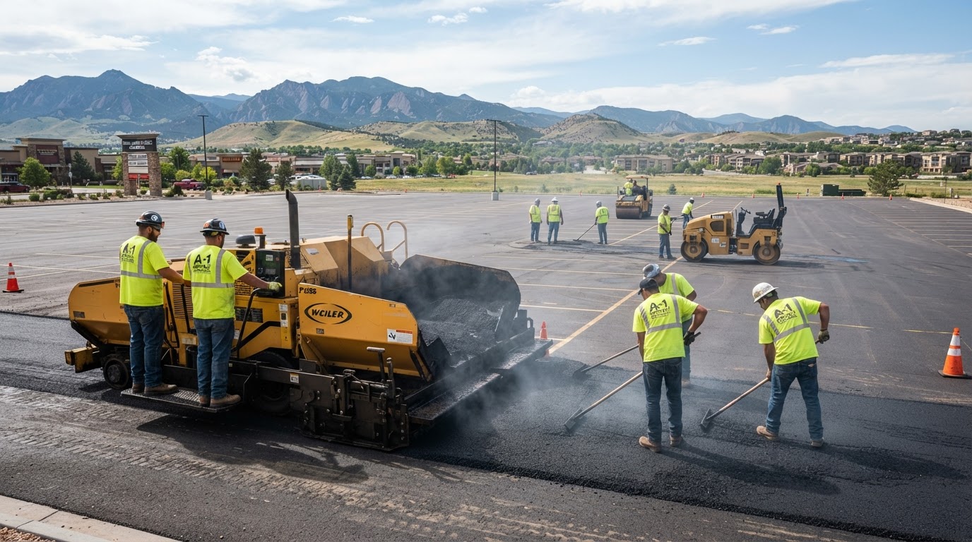 Paving crew operating a paving machine and raking hot asphalt during a parking lot resurfacing service in Highlands Ranch, CO