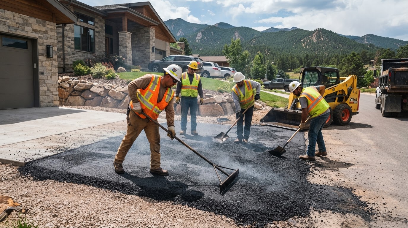 Workers using shovels and a lute to spread and level hot asphalt during a driveway resurfacing service in Highlands Ranch, CO