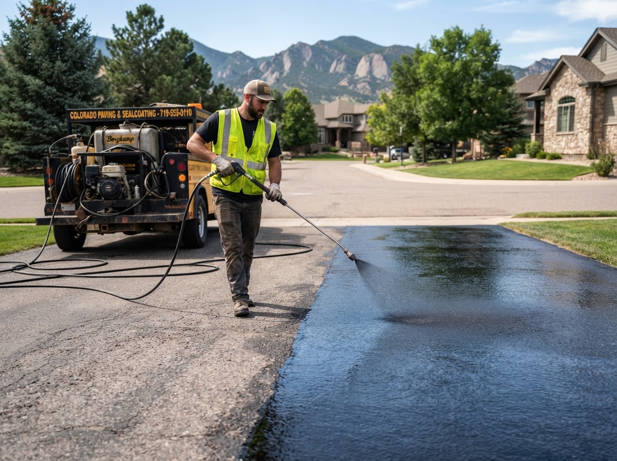 Sealcoating truck spraying a glossy black sealcoat across a residential driveway to protect asphalt in Highlands Ranch, CO