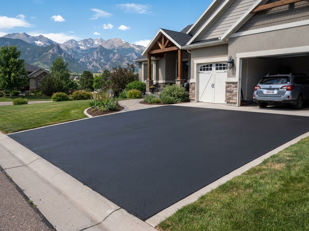 Smooth, freshly paved asphalt driveway in front of a residential garage with clean edges during a driveway resurfacing service in Highlands Ranch, CO