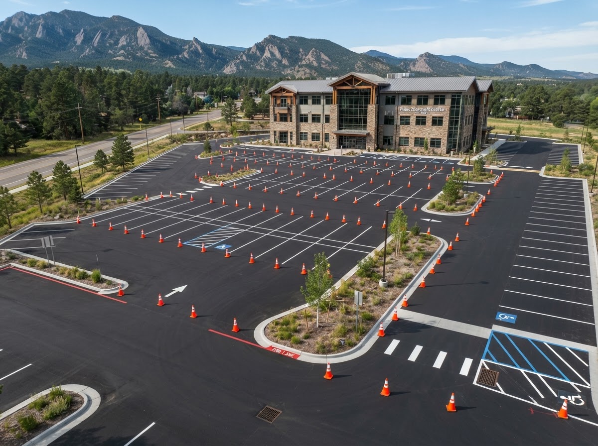 Freshly paved asphalt parking lot with bright white striping lines and orange cones marking spaces during an asphalt paving service in Highlands Ranch, CO