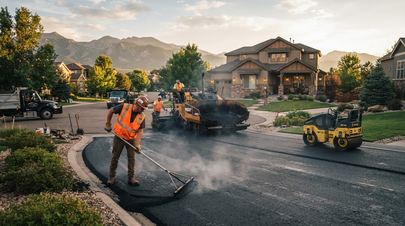 Asphalt paving crew laying fresh hot black asphalt on a residential driveway in Highlands Ranch, CO