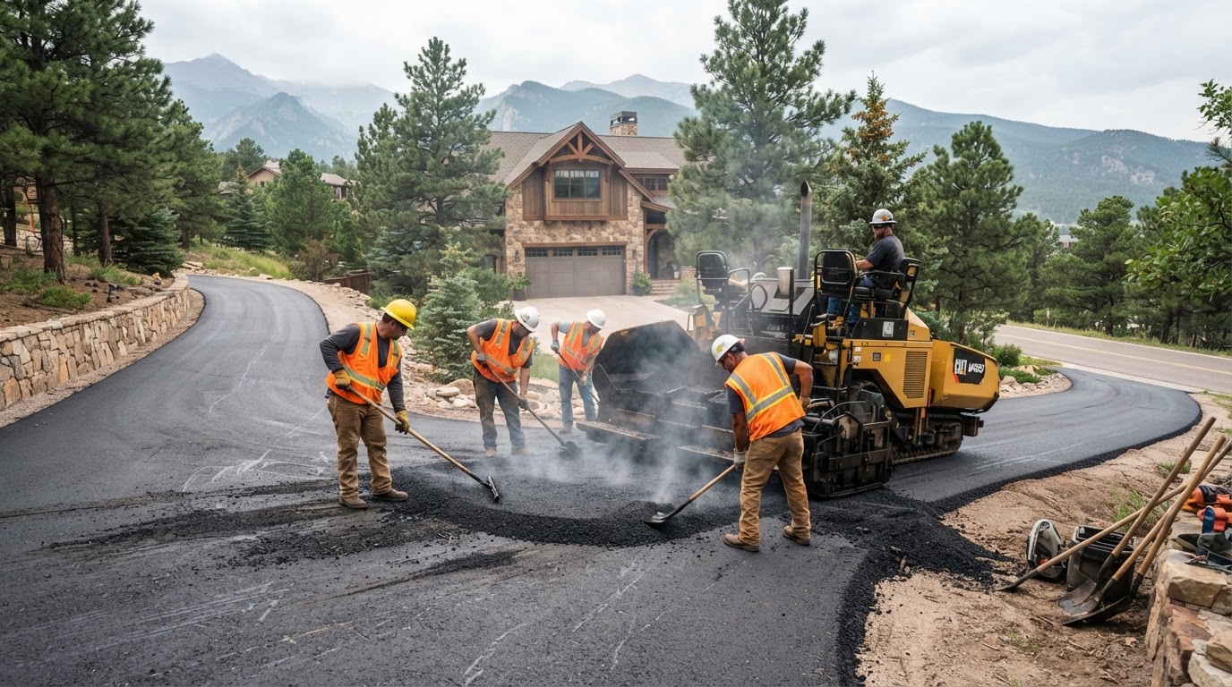 Paving crew operating a paving machine and raking hot asphalt during an asphalt paving service in Highlands Ranch, CO