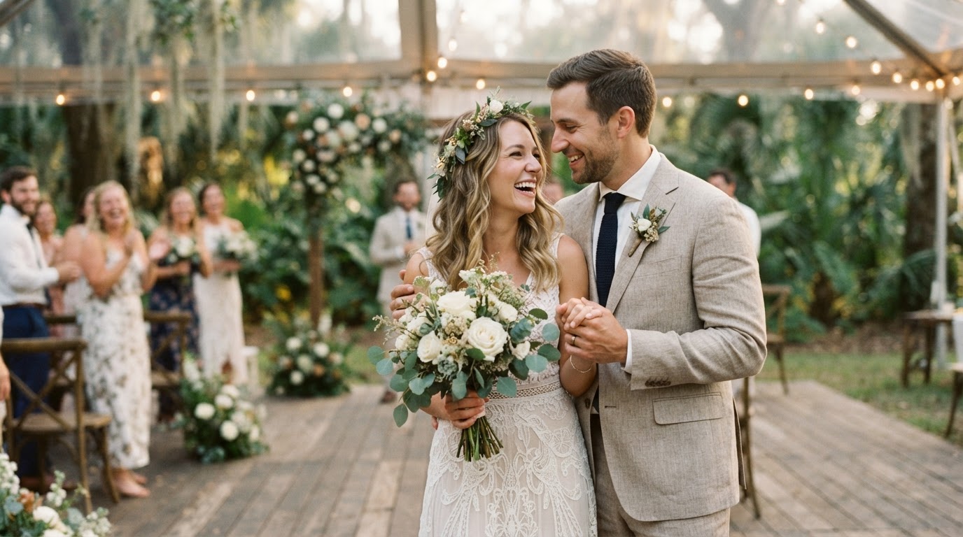 A couple sharing a quiet moment at their Central Florida wedding, photographed on film.
