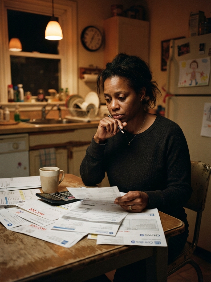 A working parent worrying about making ends meet