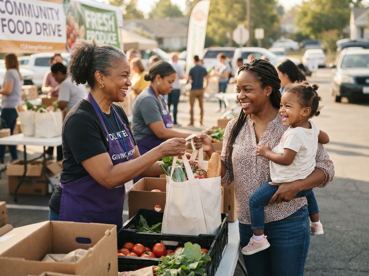 A Margie's House volunteer handing a bag of groceries to a mother and child at a community food distribution