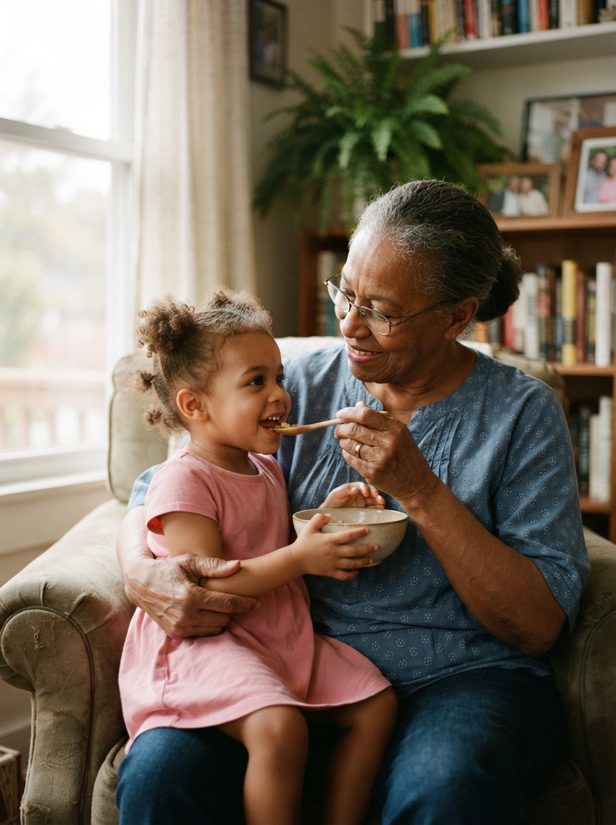 A grandmother caring for her grandchild at home
