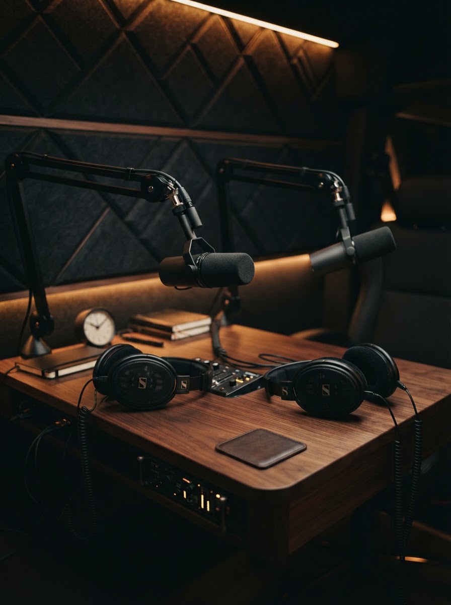 Detail of broadcast microphones inside the mobile podcast studio