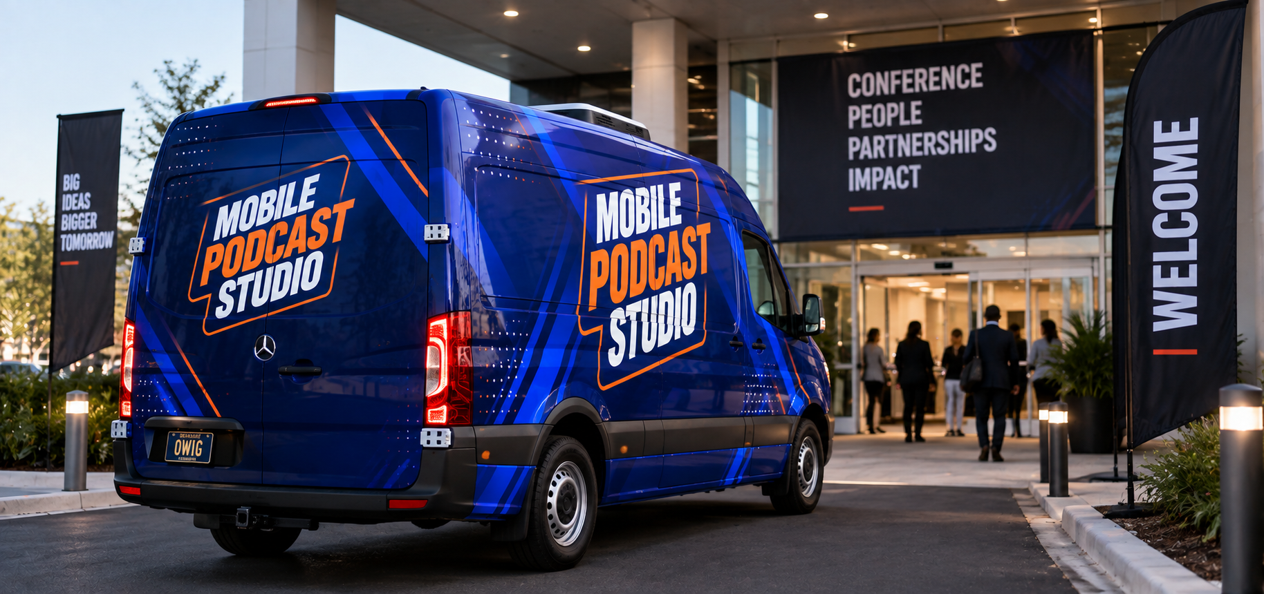 Custom Mercedes-Benz Sprinter Mobile Podcast Studio parked at a conference entrance