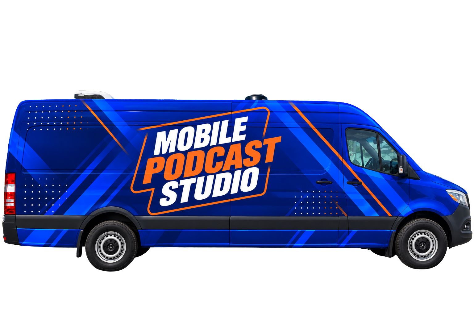 Official Mobile Podcast Studio branded Mercedes-Benz Sprinter vehicle wrap side profile