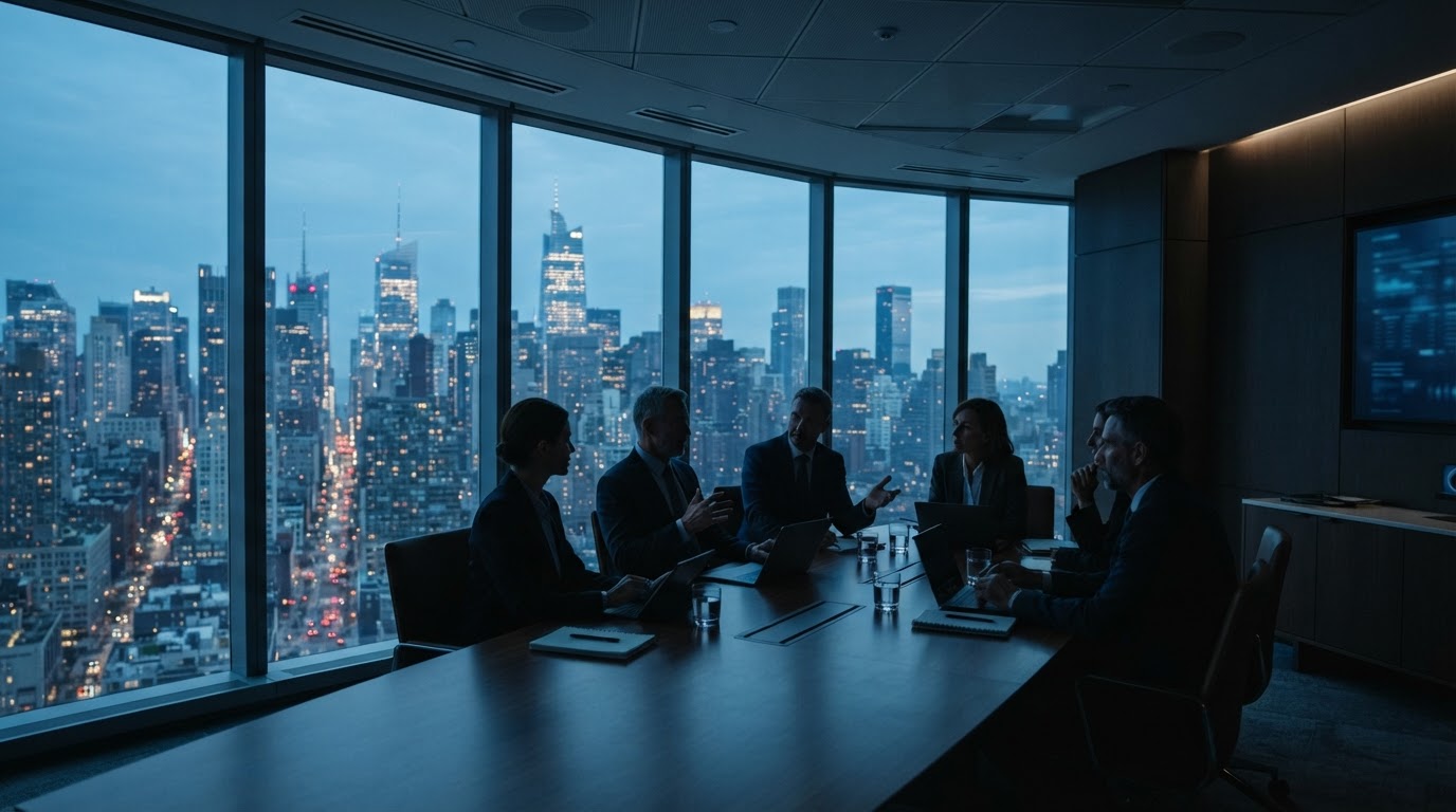 Modern office tower with executives discussing strategy