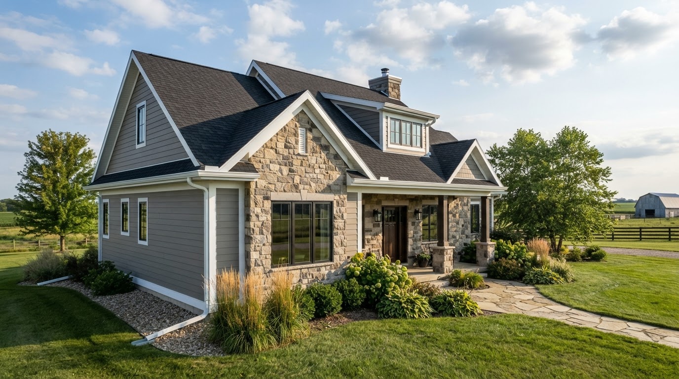 Residential exterior with clean roofline and gutters in Iowa daylight