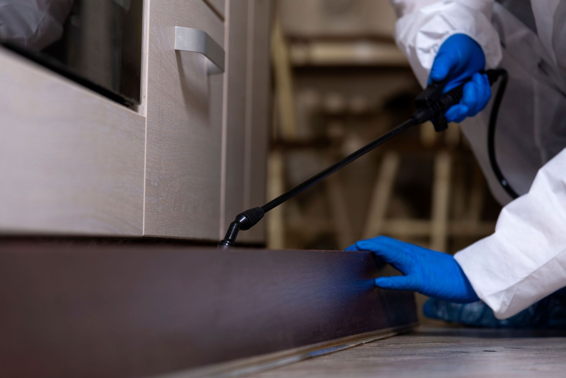Technician applying targeted spray beneath kitchen cabinetry and baseboards